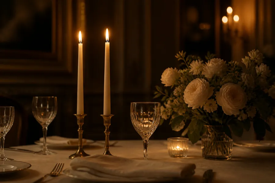 A candlelit table laid with crystal glasses and pale roses